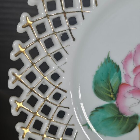 Made In Occupied Japan Decorative Rossetti Pink Floral Plate Lattice Edge - Picture 5 of 10
